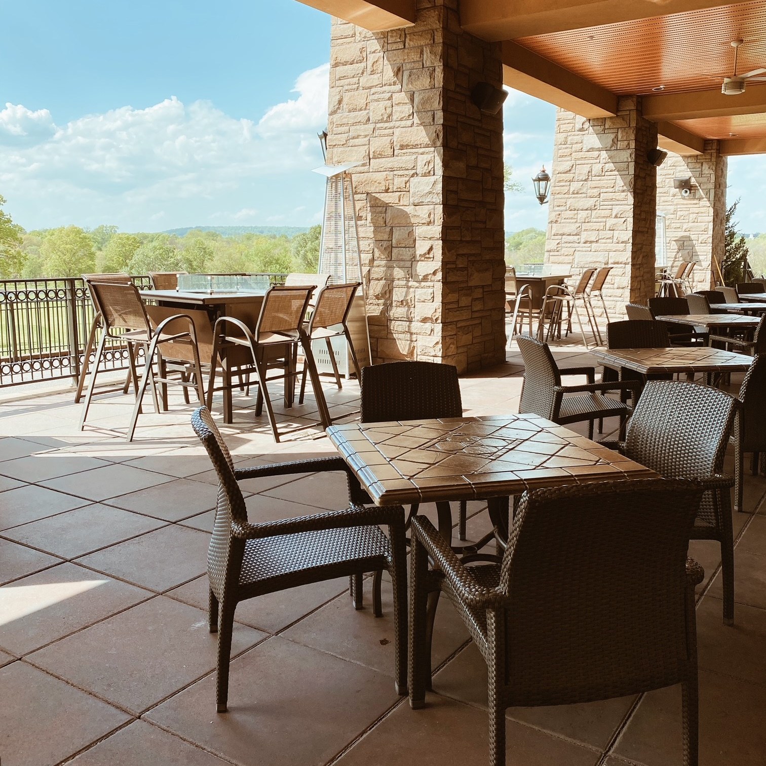 The outdoor patio set for service at The Hill Tavern Bar & Grill at Galloping Hill Golf Course in Kenilworth, NJ.